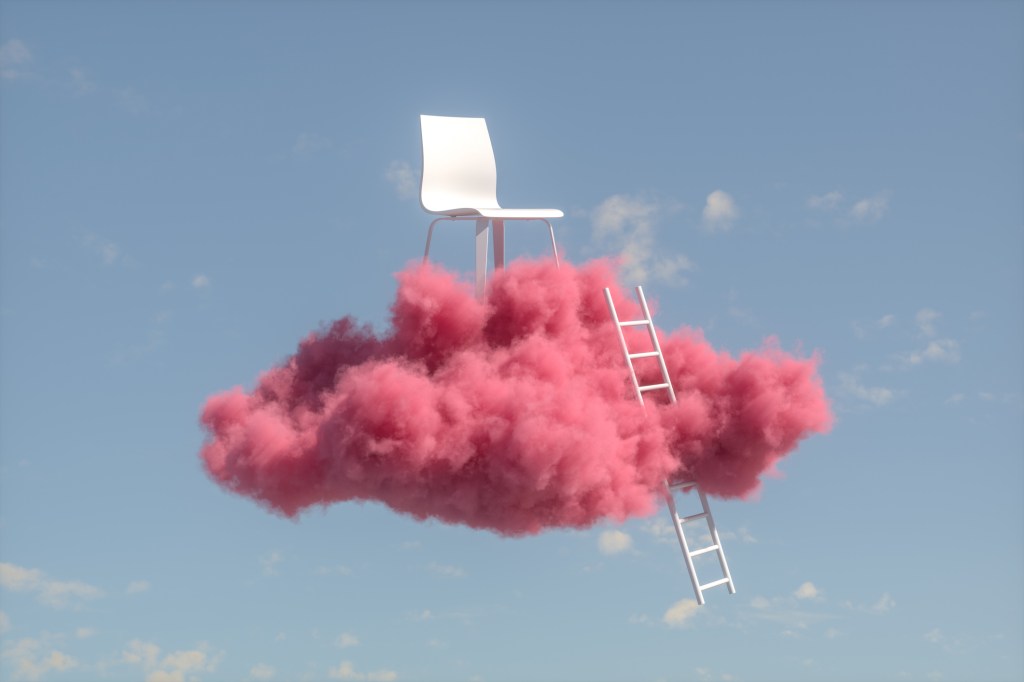 3d rendering of Chair, Staircase and cloud.