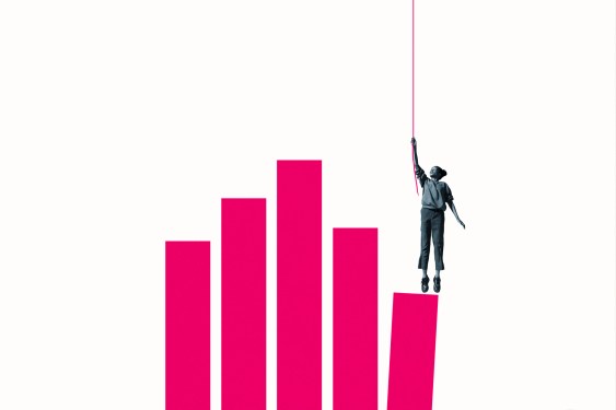Full length of woman looking up while hanging from rope over pink bar graph against white background