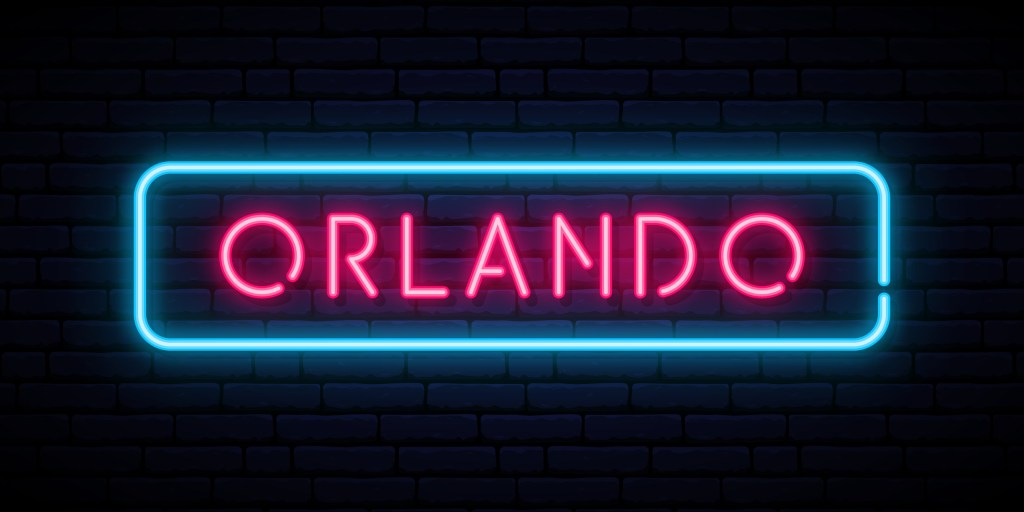 Orlando neon sign. Bright light signboard. Vector banner.