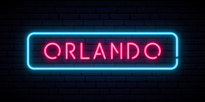 Orlando neon sign. Bright light signboard. Vector banner.