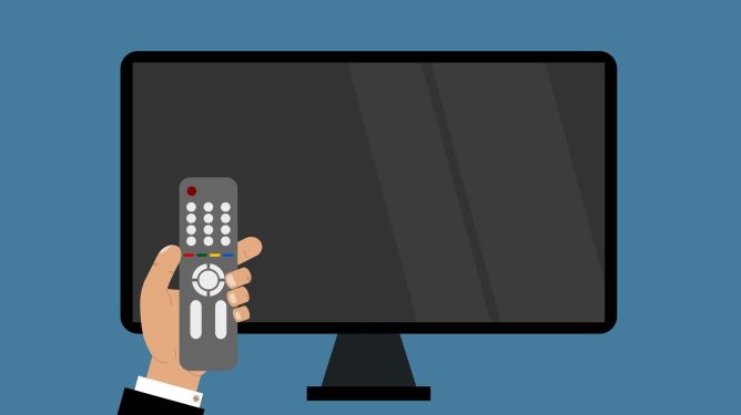 Illustration depicting a smart TV and hand holding a remote