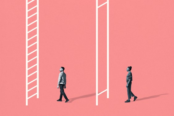 Full length side view of young man and woman walking towards white ladders against coral background
