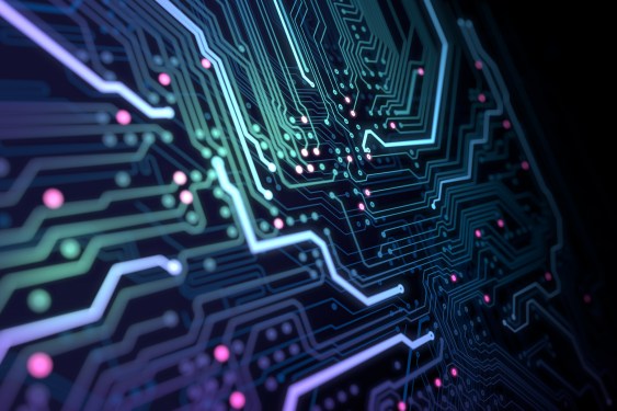 Circuit board with running data by a glowing lines representing data flowing