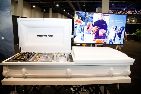 Image of the Liquid Death booth as seen during Day 2 of the 35th Annual Nightclub & Bar Show and World Tea Expo at the Las Vegas Convention Center on June 29, 2021 in Las Vegas, Nevada.
