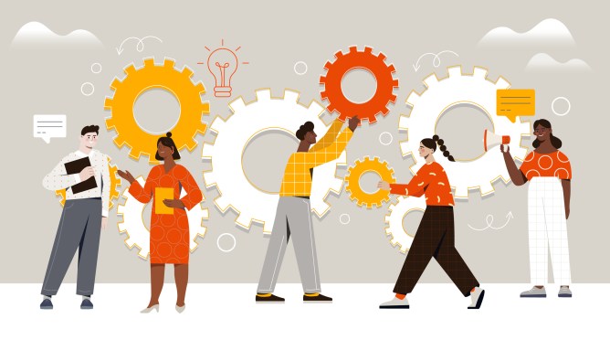Male and female characters are assembling cogwheels together at work. Concept of work operations and teamwork productivity. Business workflow as cogwheel mechanism. Flat cartoon vector illustration to illustrate workflow creation.