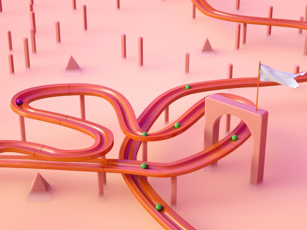 Digitally generated image of marbles rolling down chutes