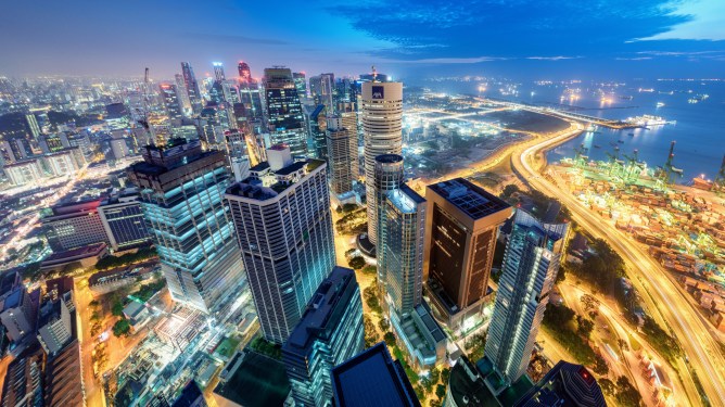 Aerial view of Singapore's Tanjong Pagar at night