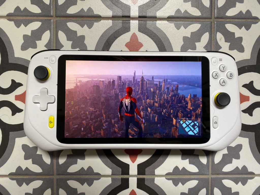 Logitech G Cloud handheld gaming console on tile counter