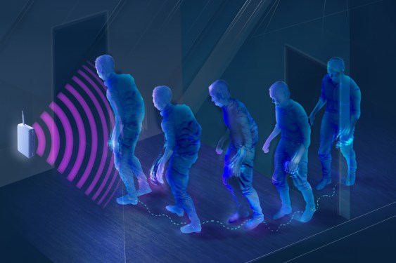 Illustration of a wireless device tracking a person with Parkisons' gait.
