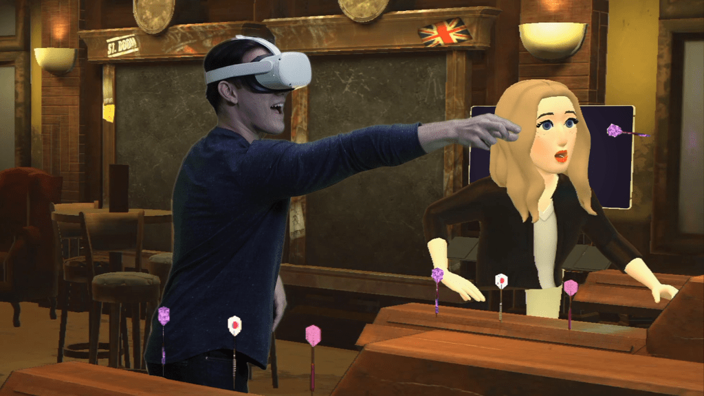 man playing VR darts while avatar woman watches