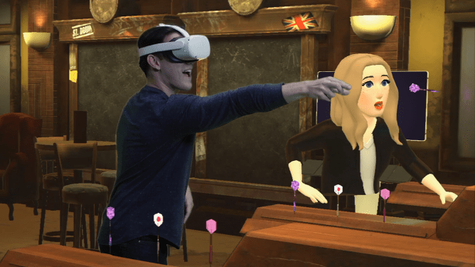 man playing VR darts while avatar woman watches