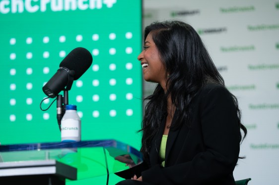 Natasha Mascarenhas recording the TechCrunch Equity Podcast at TechCrunch Disrupt in San Francisco on October 18, 2022. Image Credit: Haje Kamps / TechCrunch