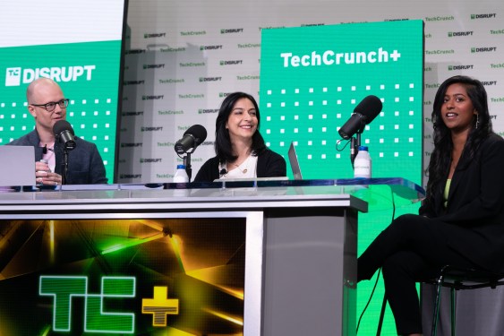 Alex Wilhelm, Mary Ann Azevedo and Natasha Mascarenhas, recording the TechCrunch Equity Podcast at TechCrunch Disrupt in San Francisco on October 18, 2022.