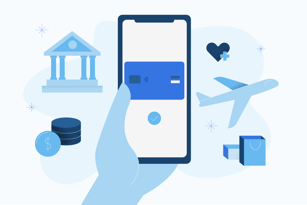 Illustration of hand holding a smartphone depicting travel and purchases