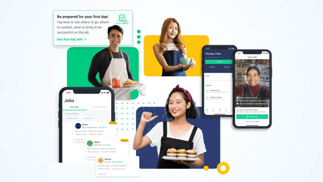 A composite image featuring workers by Workmate HR staffing platform