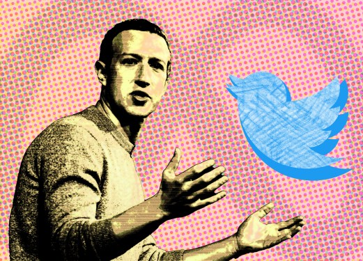 An illustration of Mark Zuckerberg with the Twitter logo