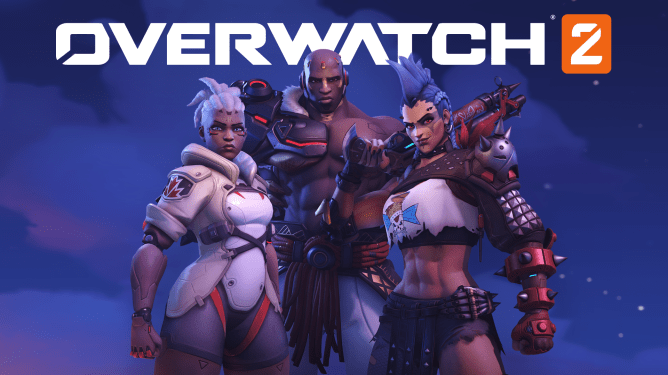 Three Overwatch 2 heroes in front of the game's logo