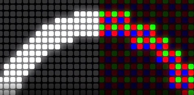 pixelated arch, half white, half multi colored, on black background