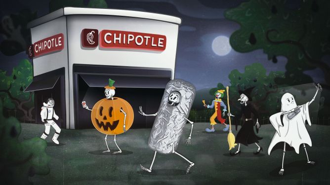 Chipotle Halloween illustration; jack o lantern, boorito, ghosts
