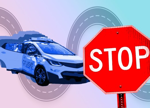 Creative image of a self-driving car behind a large stop sign