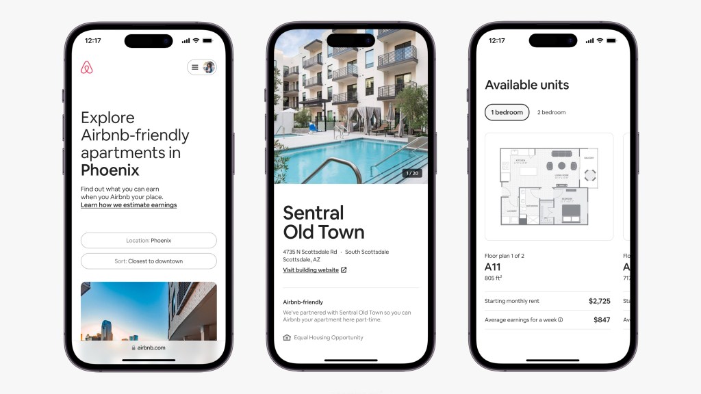 Airbnb app shown on 3 smartphone screens