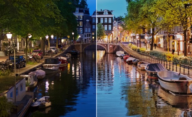 Before and after sample photos of urban canal, recovering shadow details