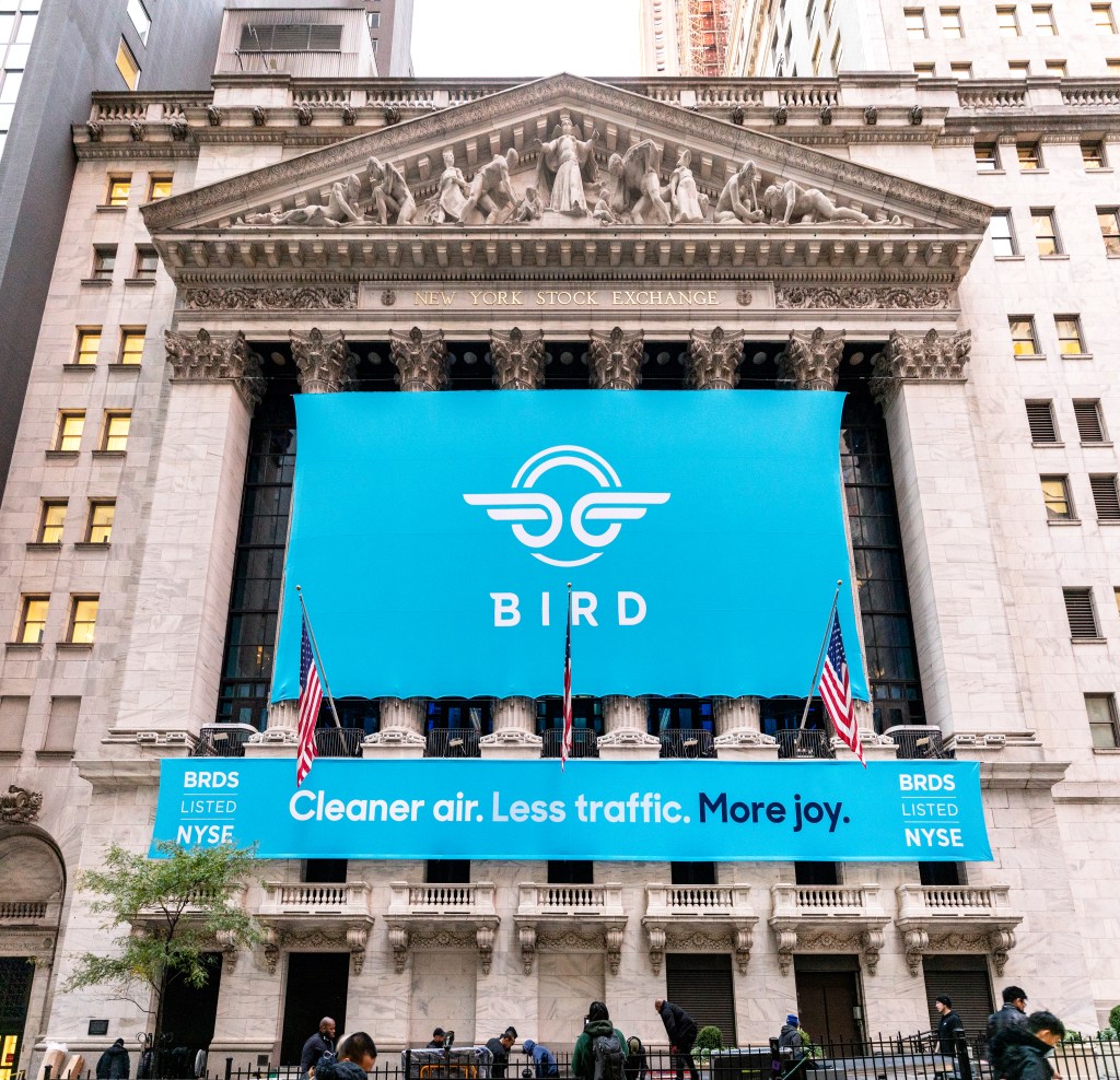 A Bird flag hangs outside the New York Stock Exchange on the day the company listed publicly