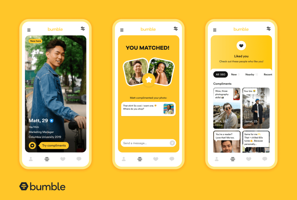 Bumble Compliments screens on 3 smartphones