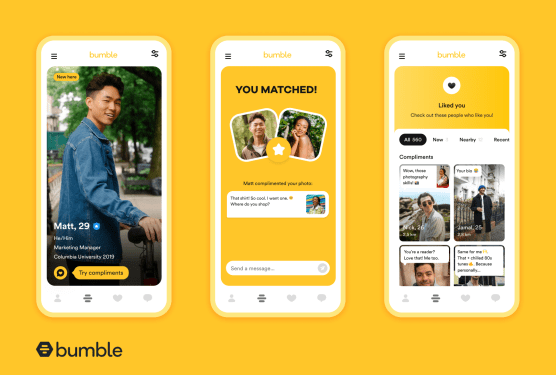 Bumble Compliments screens on 3 smartphones