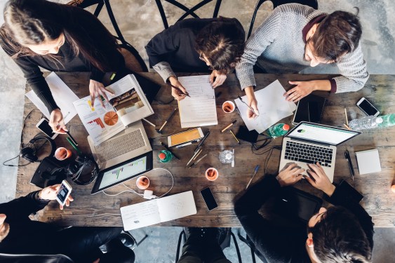 Birds eye view of a product design meeting.