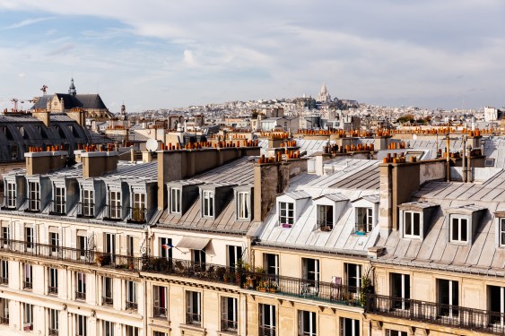 Paris skyline with residential houses rooftops high angle view, Paris, France