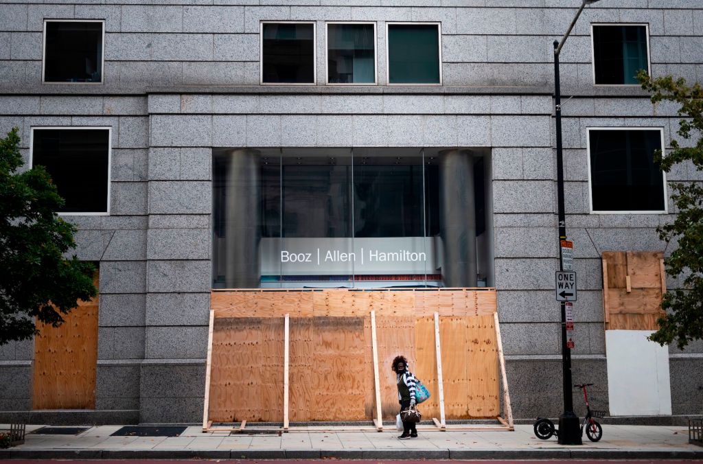 Booz Allen's headquarters in Washington, DC boarded up.