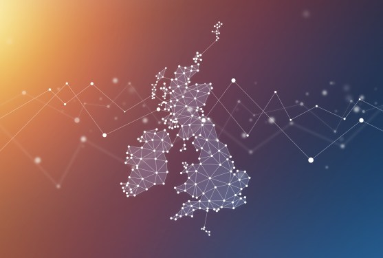 A map of the UK made up of inter-connected dots on a golden and blue background.