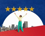 Image of a young woman standing before a skyline with five stars above her head.