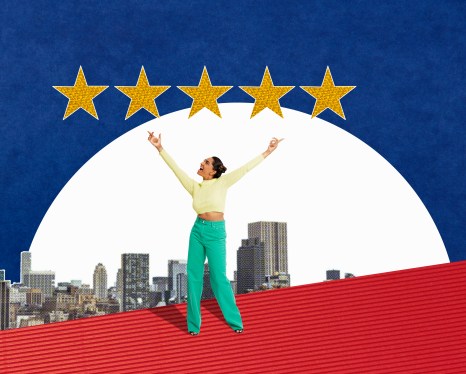 Image of a young woman standing before a skyline with five stars above her head.