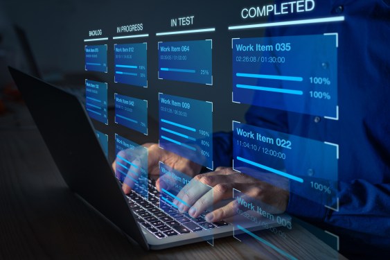 Agile software development with developer using Kanban board framework methodology on computer. Devops team, lean project management tool for fast changes, incremental work, iterative process.