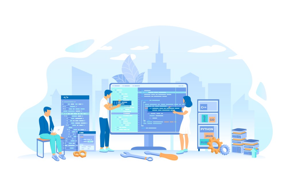 Team of programmers write program code on a big monitor screen. Back-end Development, Coding, Testing, Software Engineering, Programming languages. Vector illustration flat style.