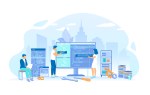 Team of programmers write program code on a big monitor screen. Back-end Development, Coding, Testing, Software Engineering, Programming languages. Vector illustration flat style.