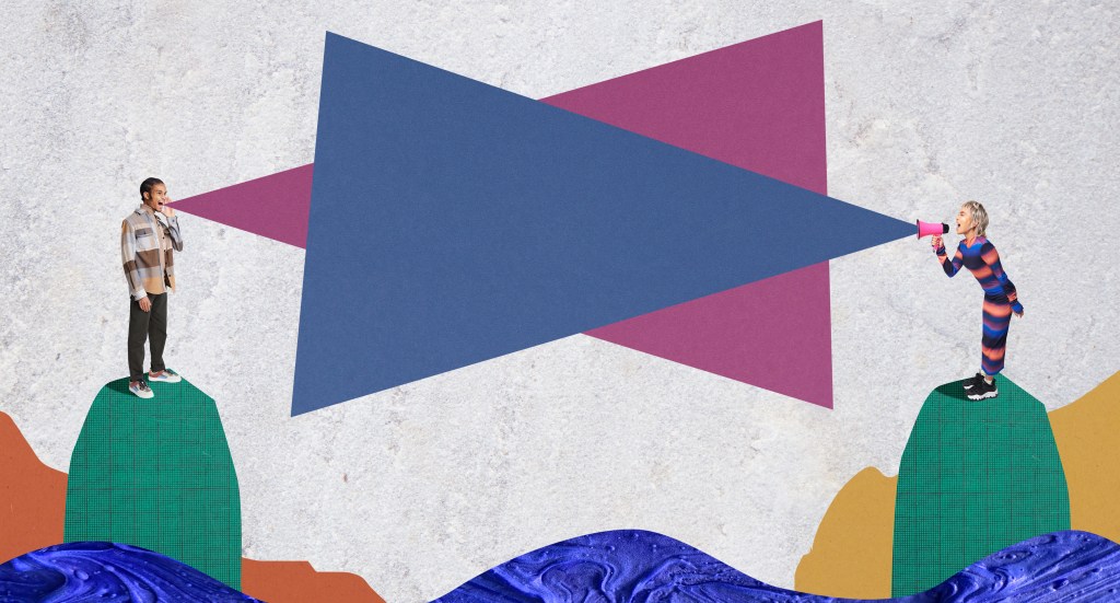 Image of two people standing in collage landscape, communicating over a divide.
