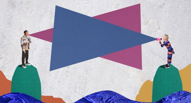 Image of two people standing in collage landscape, communicating over a divide.