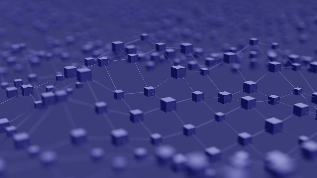 Image of a blockchain concept on a purple background.
