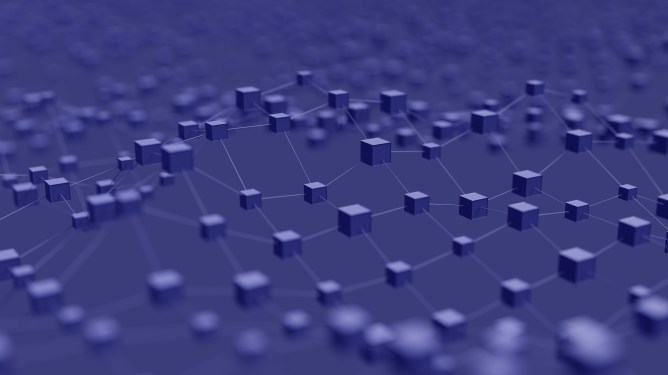 Image of a blockchain concept on a purple background.