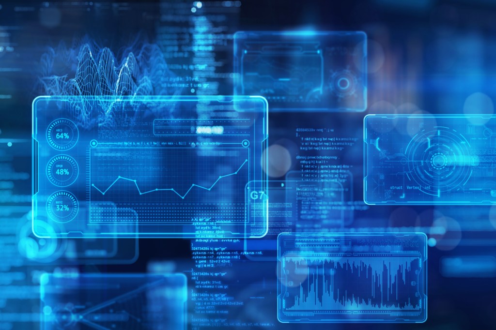 Various designs overlaid on a blue background.