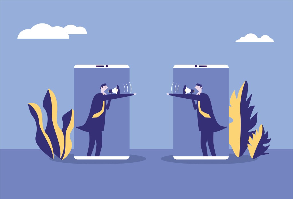 Illustration of two businessmen arguing with megaphones inside cell phones.