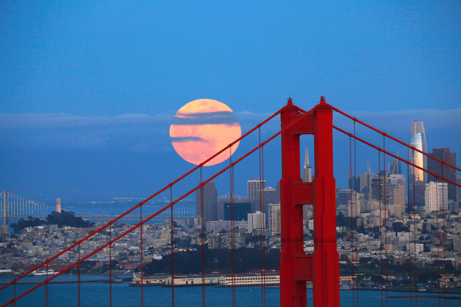 Famous Golden Gate Bridge with buildings in the background in San Francisco, California, USA