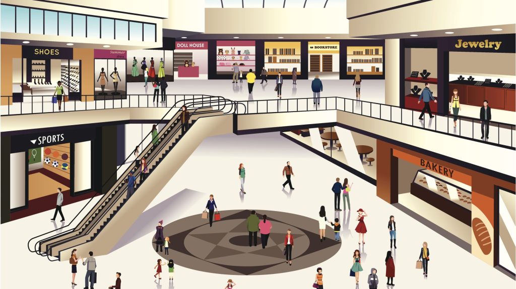illustration of scene inside shopping mall