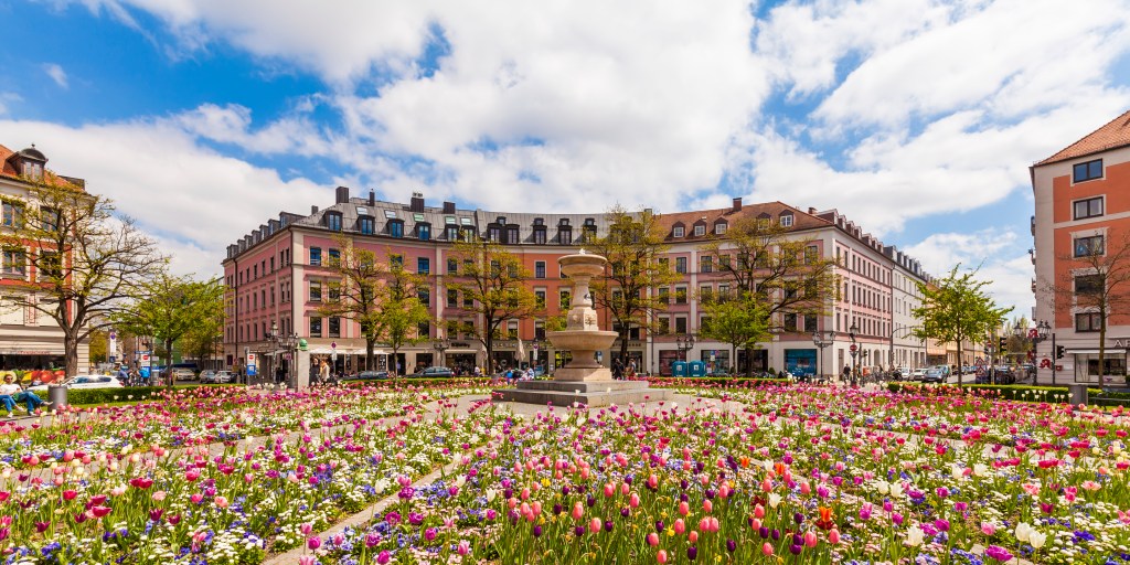View of blossoming tulips on Gaertnerplatz in Munich