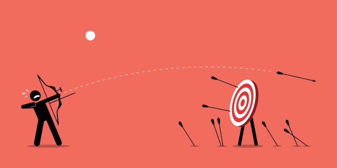 Image of a little cartoon person against a red background trying and largely failing to hit a target with arrows.