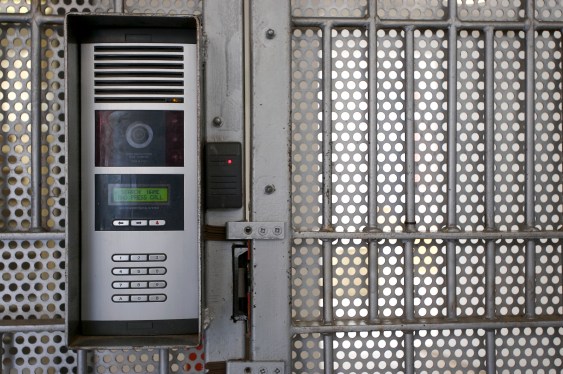Door entry system outside an apartment building.