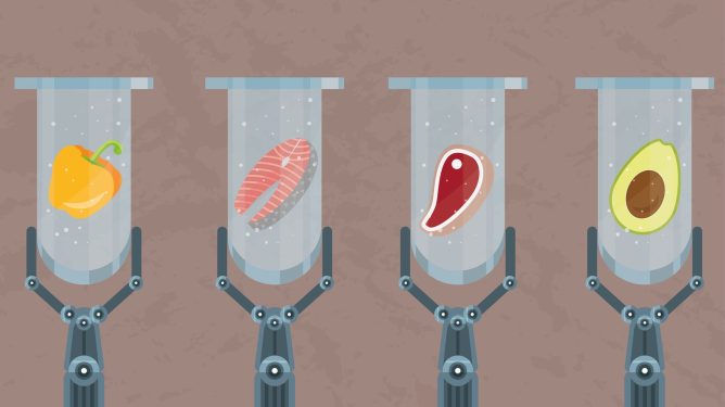 illustration of test tubes with meat, fish, avocado and paprika